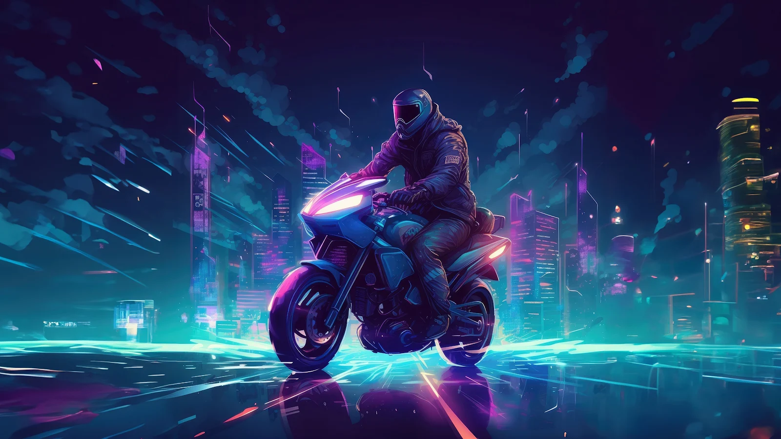 Motorcycle, Cyberpunk, Neon, Cityscape 4K Desktop Wallpaper