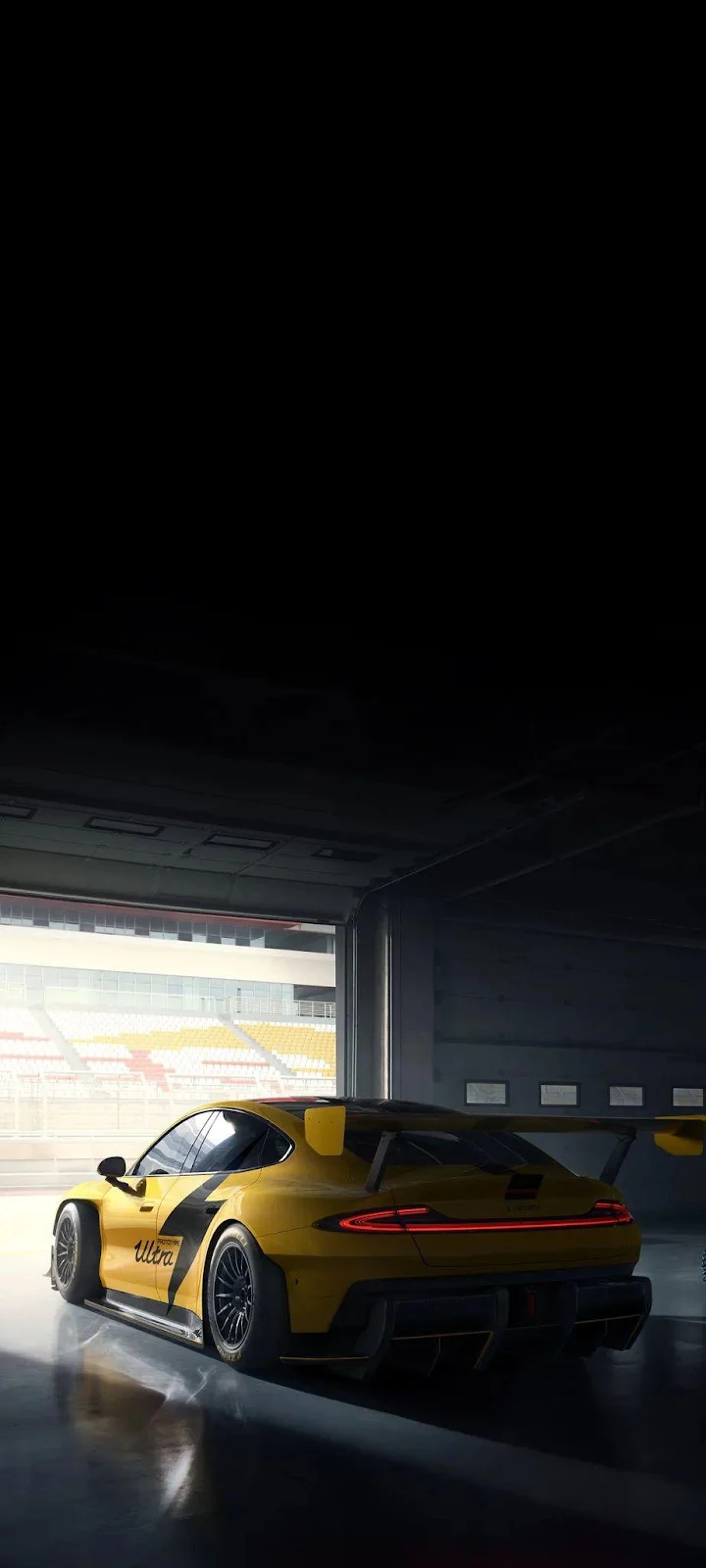 Yellow Race Car in Garage - Automotive Render iPhone Wallpaper (922x2048)
