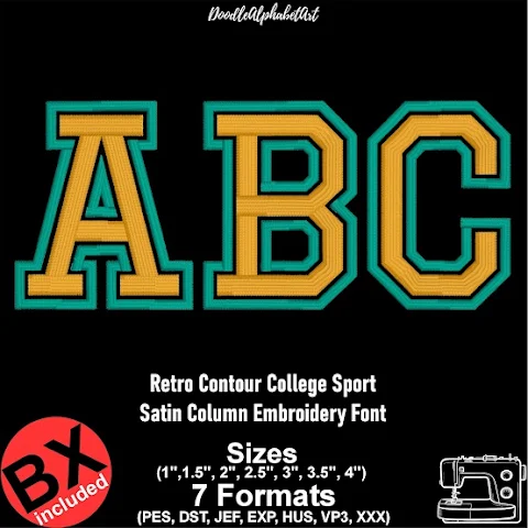 Retro Contour College Sport Satin Column Embroidery Font machine embroidery font preview