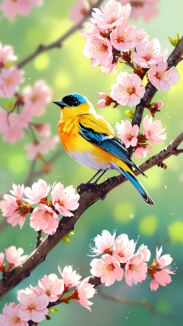 Bright Yellow Bird Spring Sakura Branch Sunlight Art - Free mobile Wallpaper