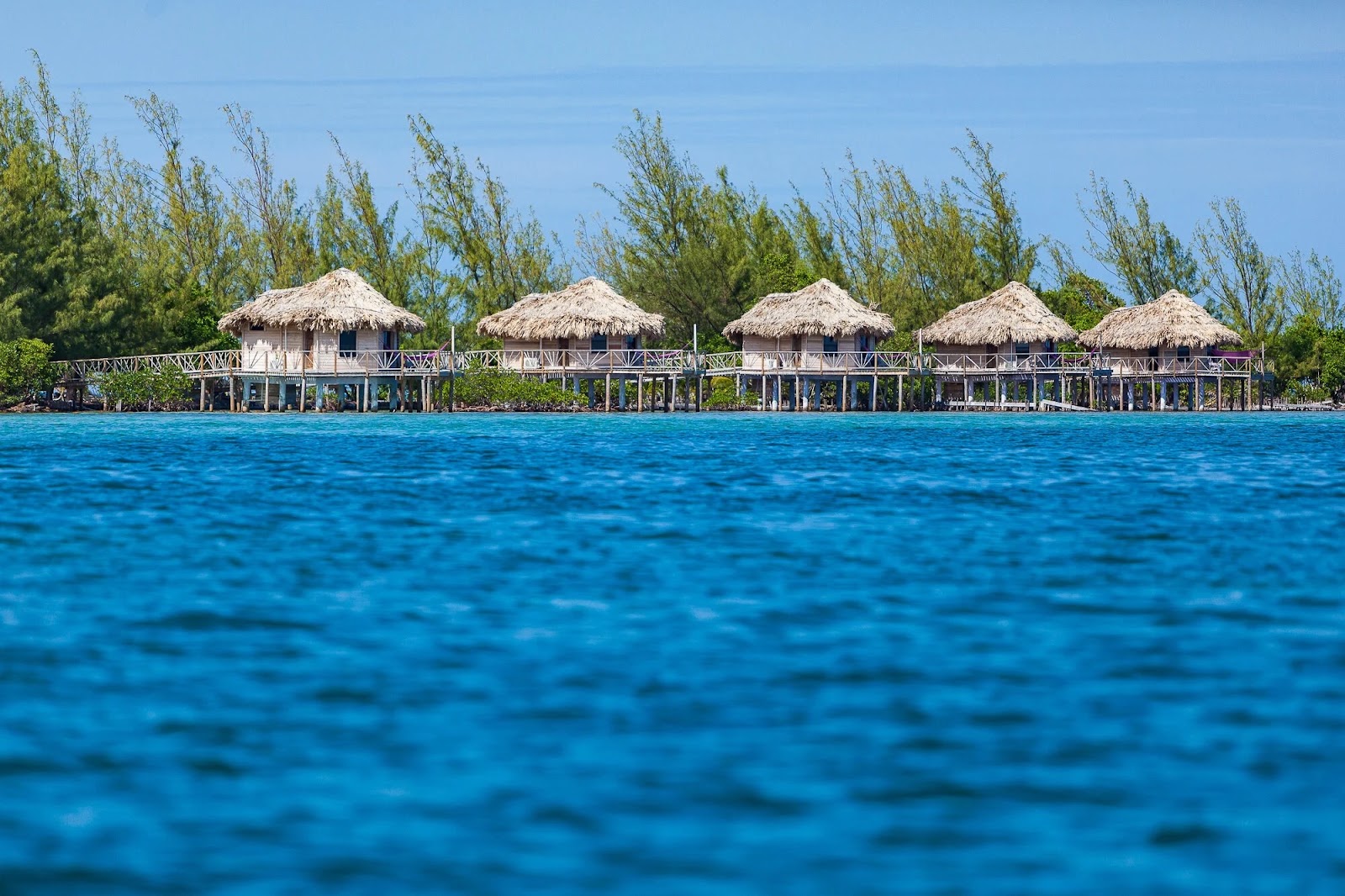 Overwater bungalow at Thatch Caye in Belize, set above clear Caribbean water in a private island setting.