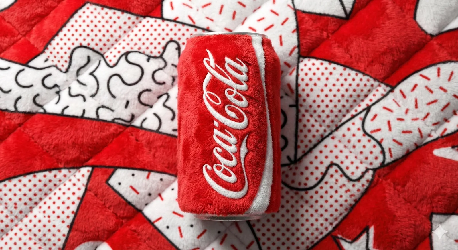 Una lata de bebida con la marca [BRAND NAME], hecha completamente de tela de felpa suave y vibrante, colocada en el centro...
