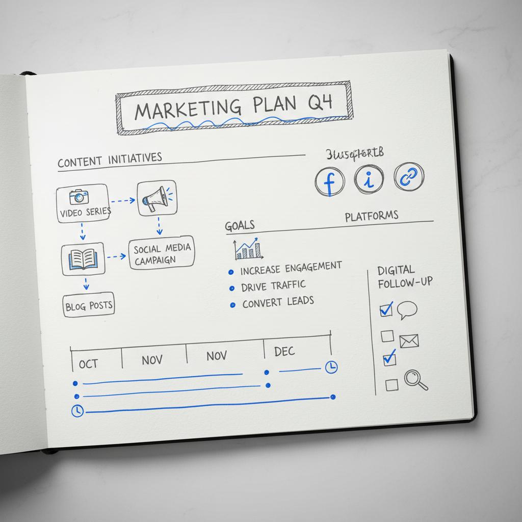 Close-up planner page showing a 30-second TV storyboard with hand-drawn frames, arrows, music cue marks and a notes column, minimalist white paper texture and Agency Visible blue highlights for television advertising