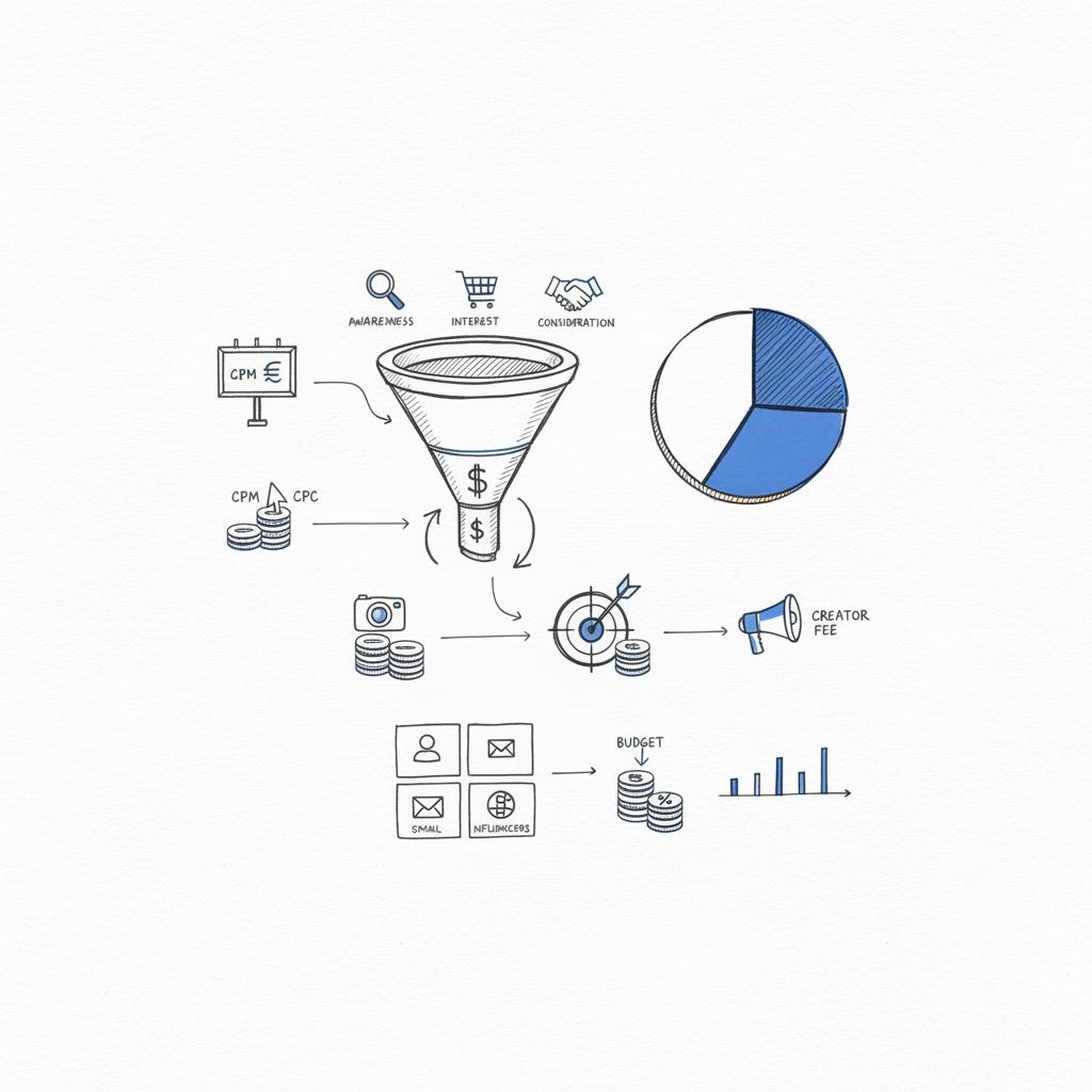 Hand-drawn funnel and budget pie chart on white paper showing icon sketches for CPM, CPC and creator fee connecting to acquisition cost &mdash; Instagram promotion price