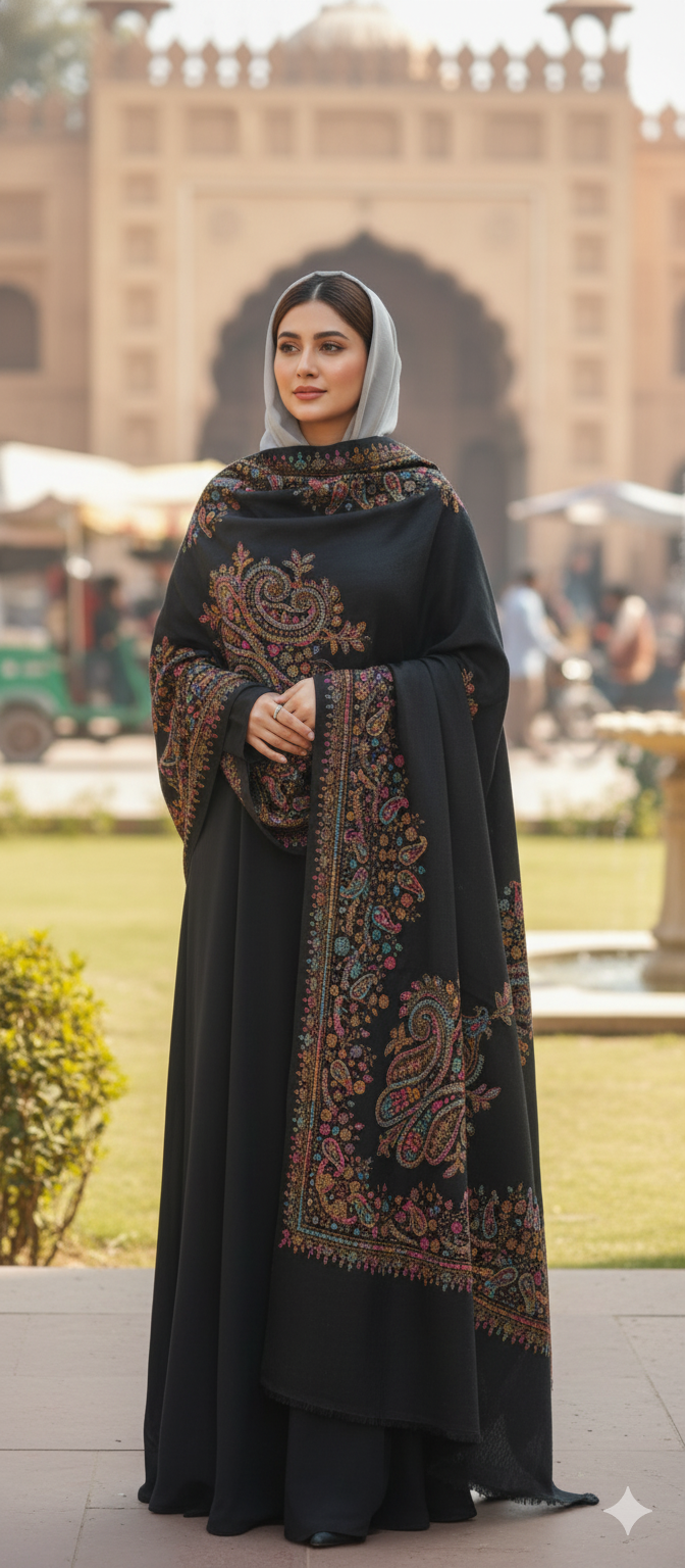 Exquisite Kashmiri Paisley Black Wool Shawl | Traditional Multi-Color Winter Wrap