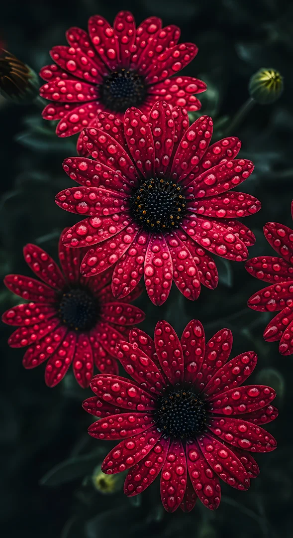 Macro Red Daisy Flowers Covered in Sparkling Water Droplets