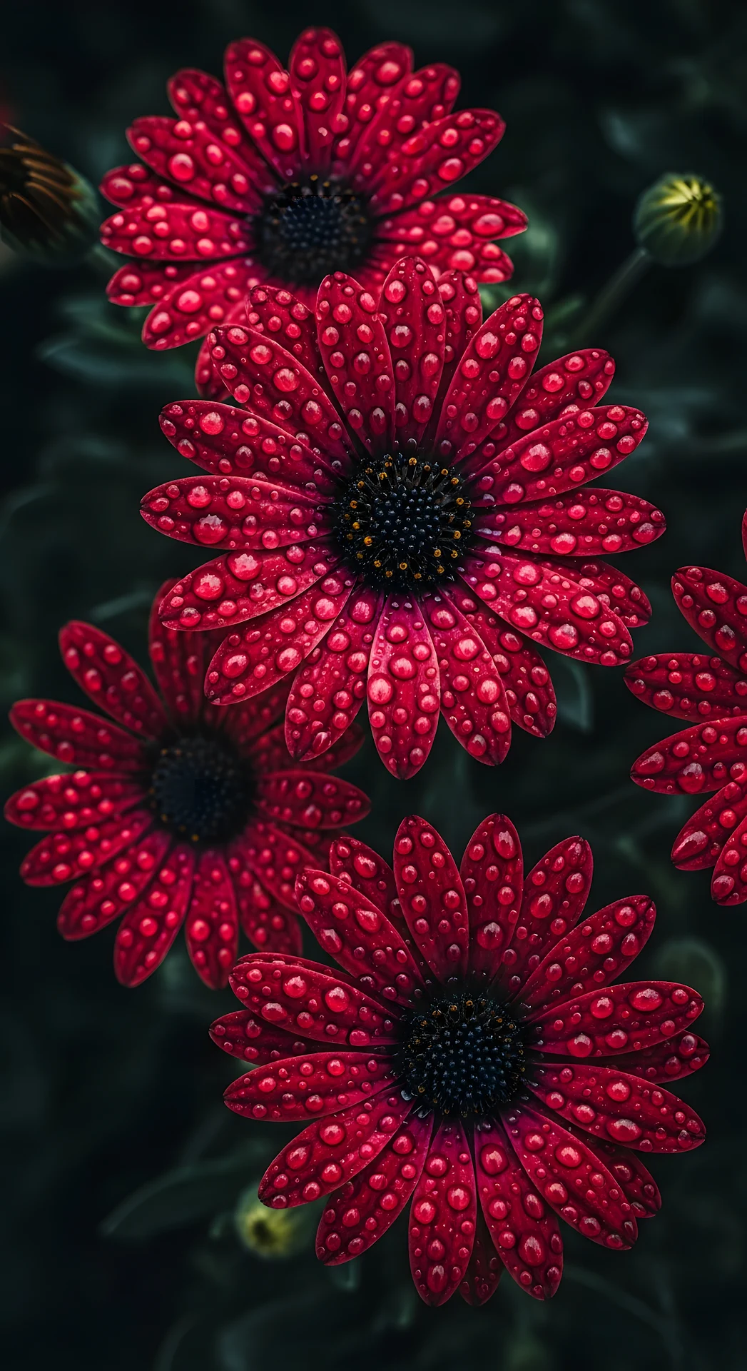 Macro Red Daisy Flowers Covered in Sparkling Water Droplets - Free 4K mobile Wallpaper