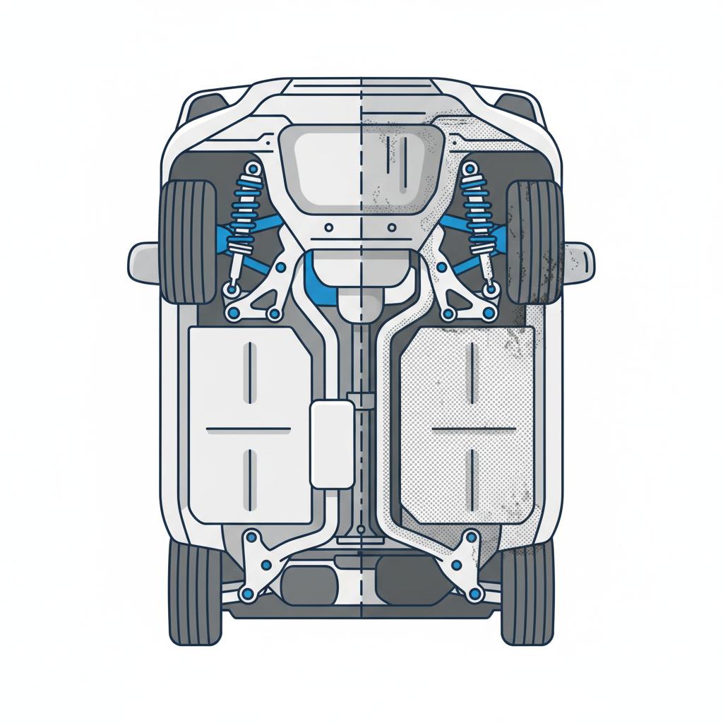 Minimalist vector underbody comparison of a Subaru Forester for sale showing clean left undercarriage and corroded right undercarriage with blue accents on suspension