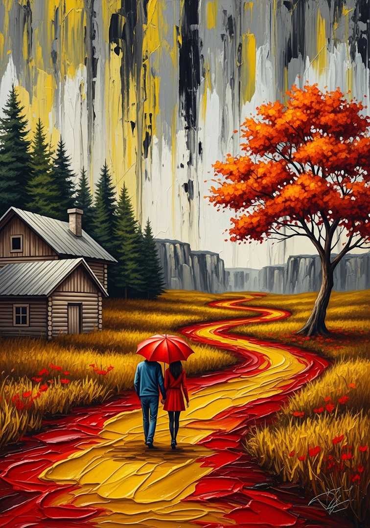 Textured Art Couple Umbrella Autumn Path Cabin