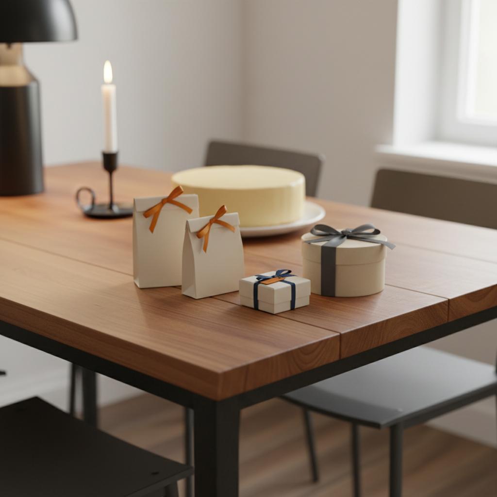 Detailaufnahme Esstisch mit kleinen Geschenken und Vanilletorte, warmes Licht, Holzoberfläche, dezente Akzente in #ff9800 und #0044CC – hochzeitsgeschenke statt geld