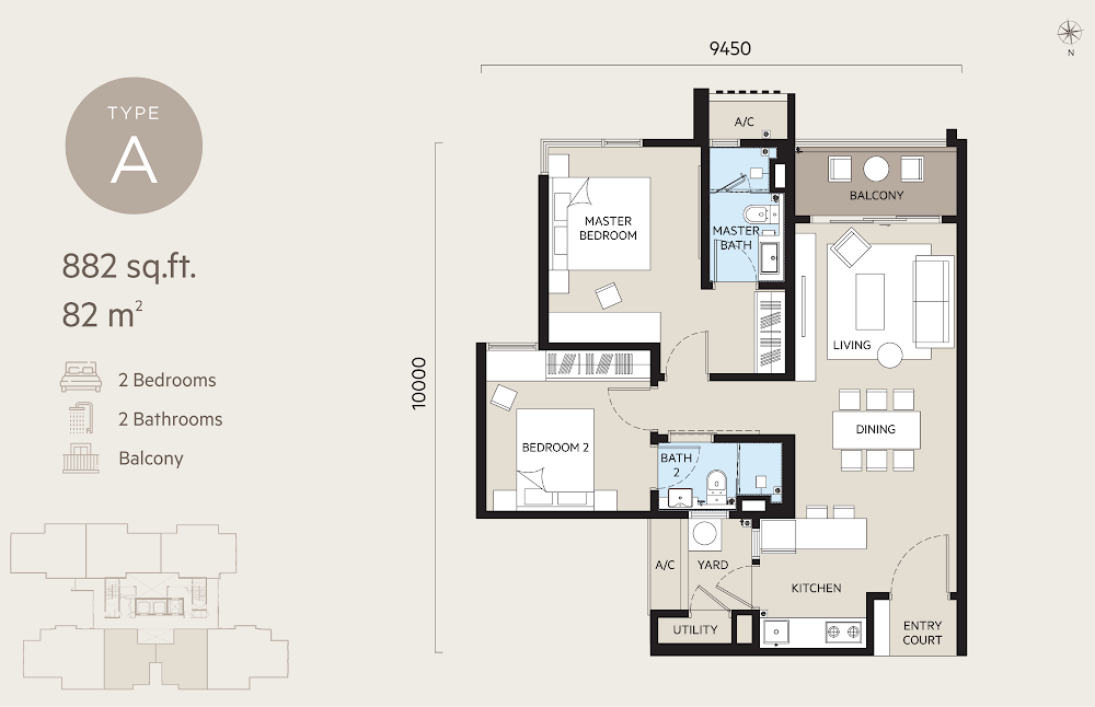 OAKA Residences Type A floor plan — 882 sq ft, 3 bedrooms