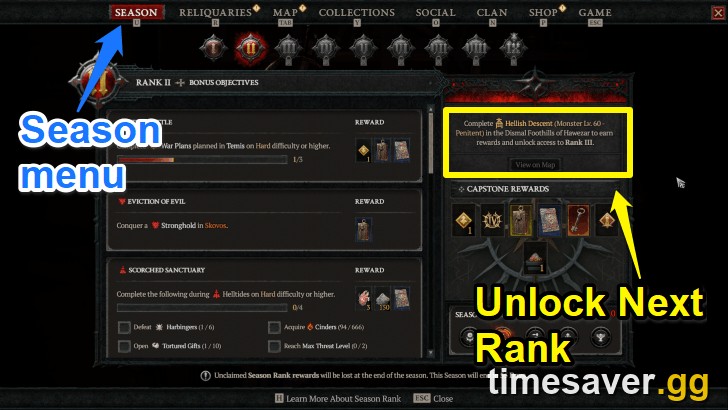 Diablo 4 Season Rank II objectives and rewards screen showing bonus challenges and Capstone requirements