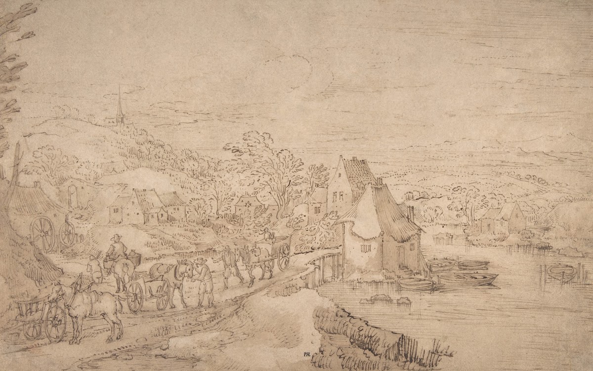 River Landscape with Wagons on a Road near a Village 15861631