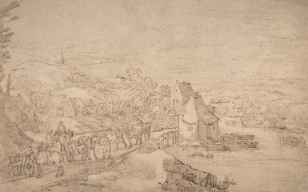 River Landscape with Wagons on a Road near a Village 15861631