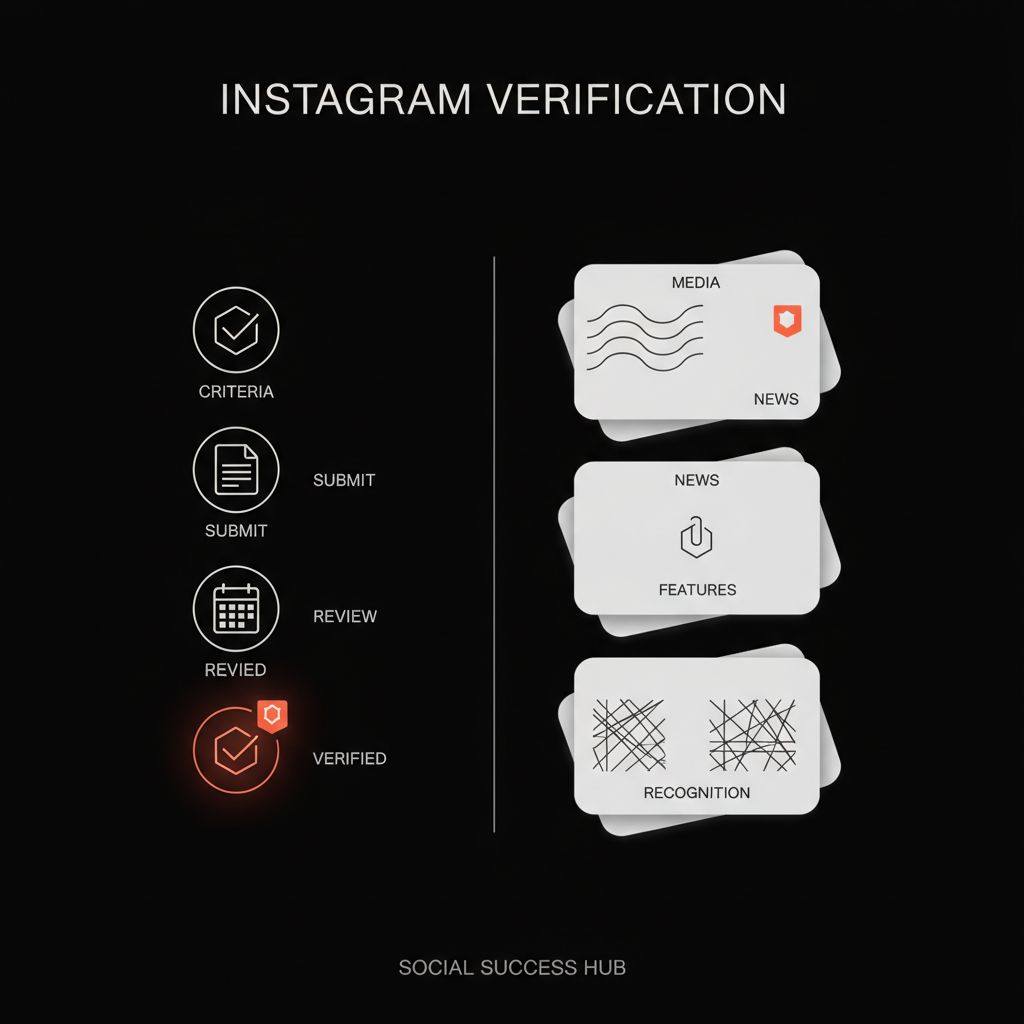 Minimal infographic with a vector checklist and press clippings motif on black background using Social Success Hub colors, illustrating instagram blue check requirements.