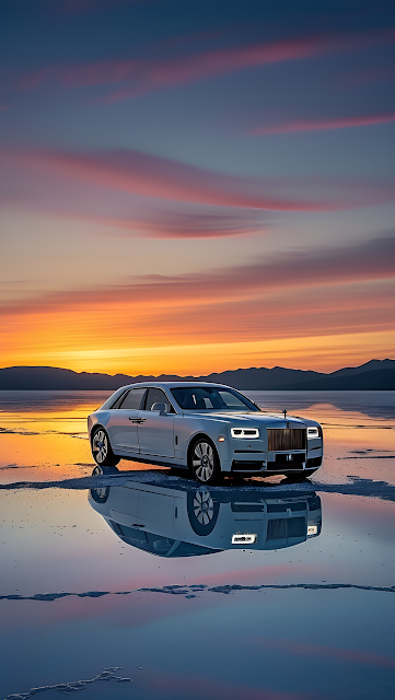 Luxury Car Reflection on Salt Flat at Sunset