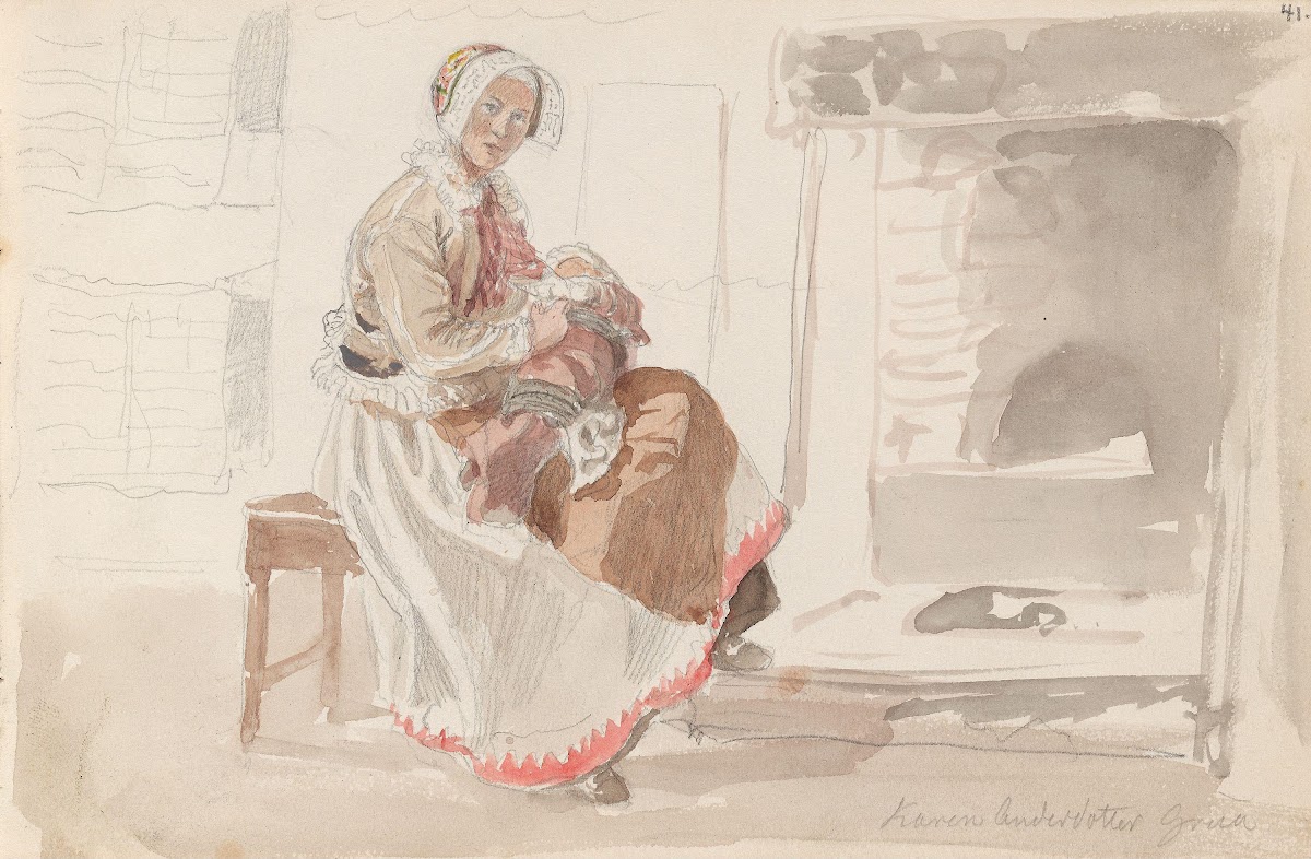 Kvinne med barn i interiør 1852