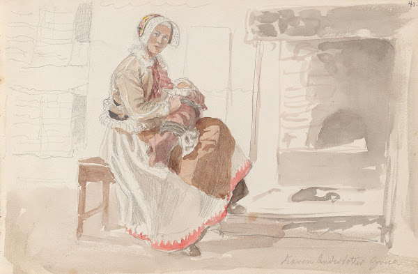 Kvinne med barn i interiør 1852