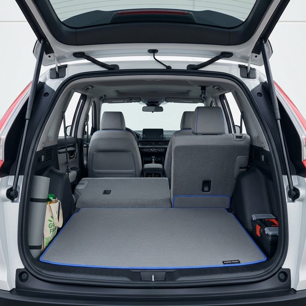 Interior view of honda crv used for sale showing clean cargo space and rear seats on white background with blue accents minimalist layout