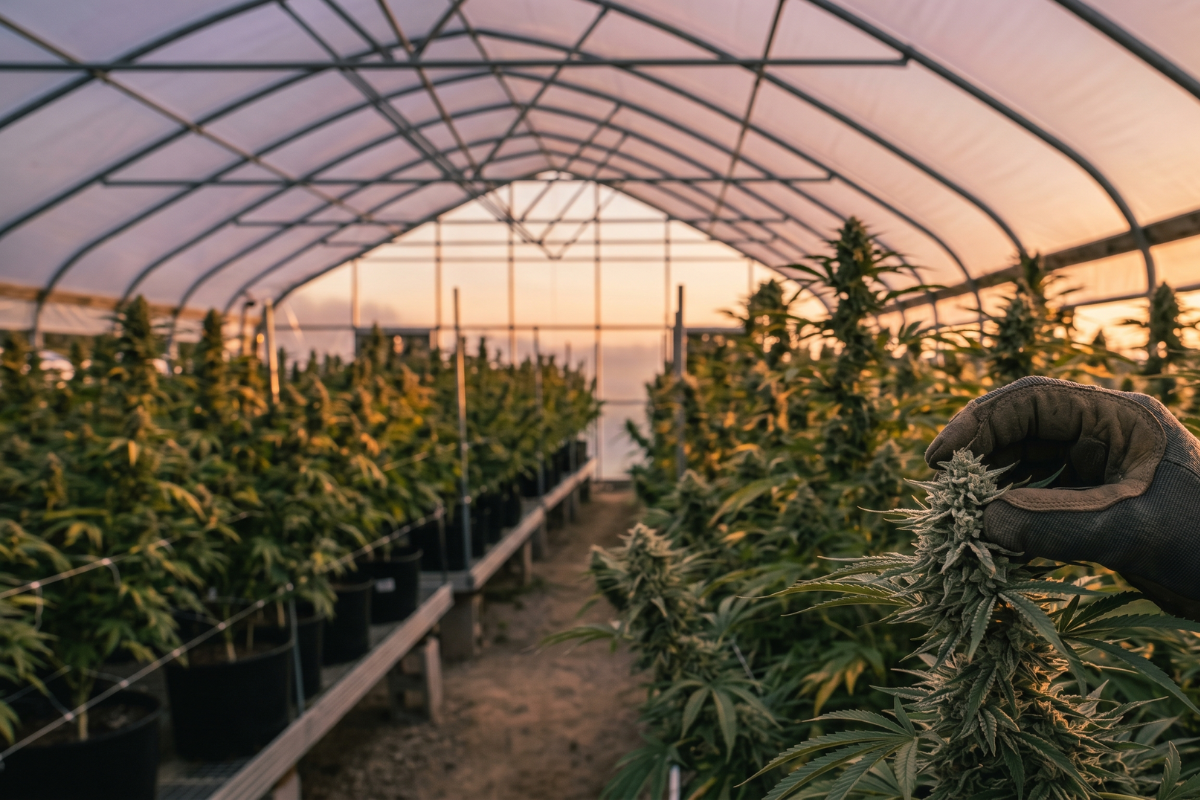 Hemp plants growing in a greenhouse