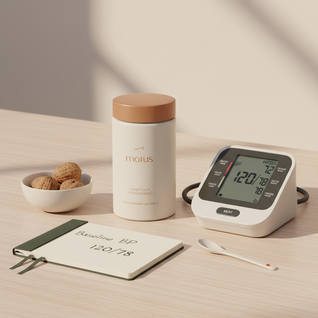 Tonum Motus supplement jar on a light wooden table beside a validated home blood pressure monitor, open notebook with baseline reading and a bowl of walnuts — CLA blood pressure focus.