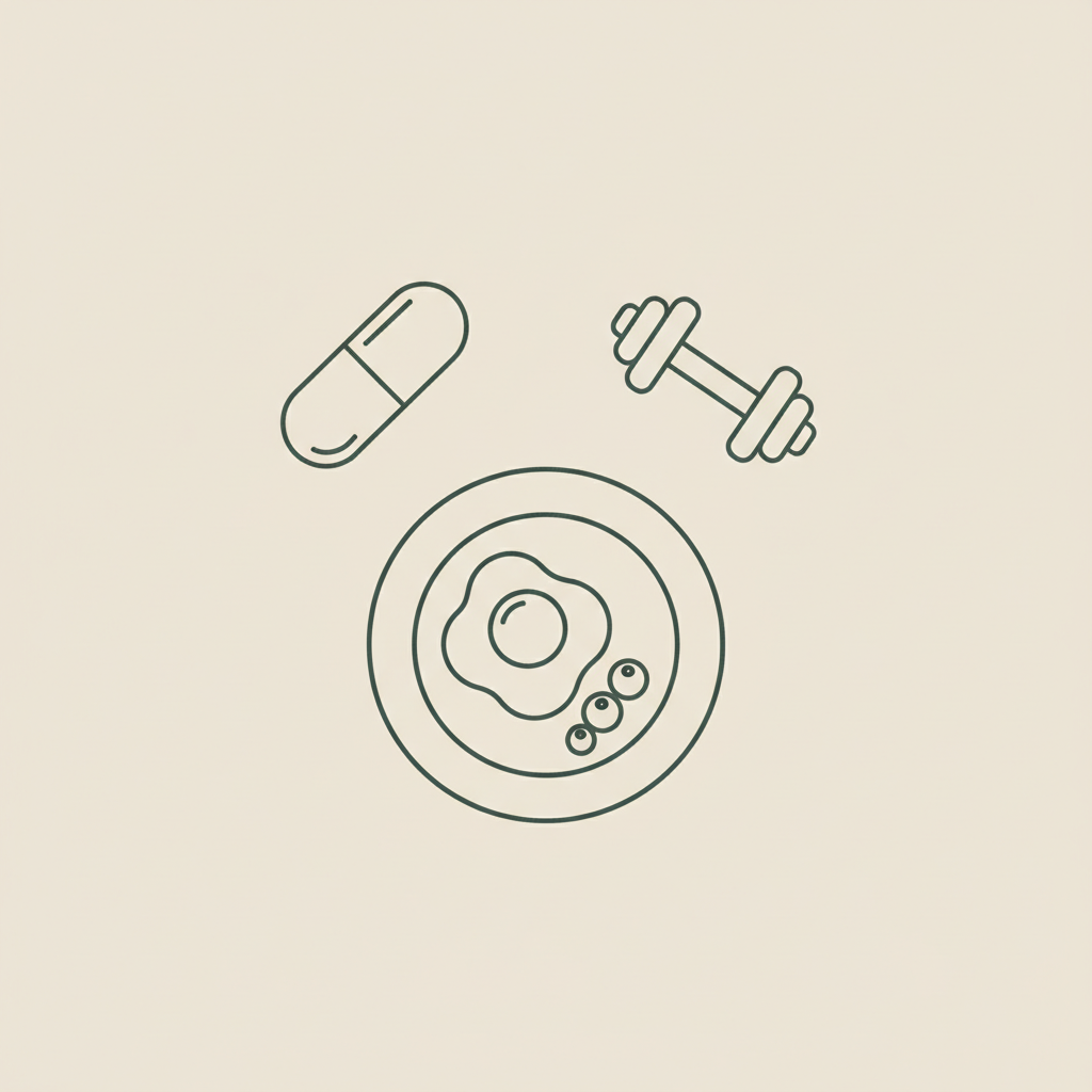 Minimalist Tonum-style line illustration of a capsule, small dumbbell, and plate with an egg and berries on a beige background, illustrating increase metabolic rate pills.