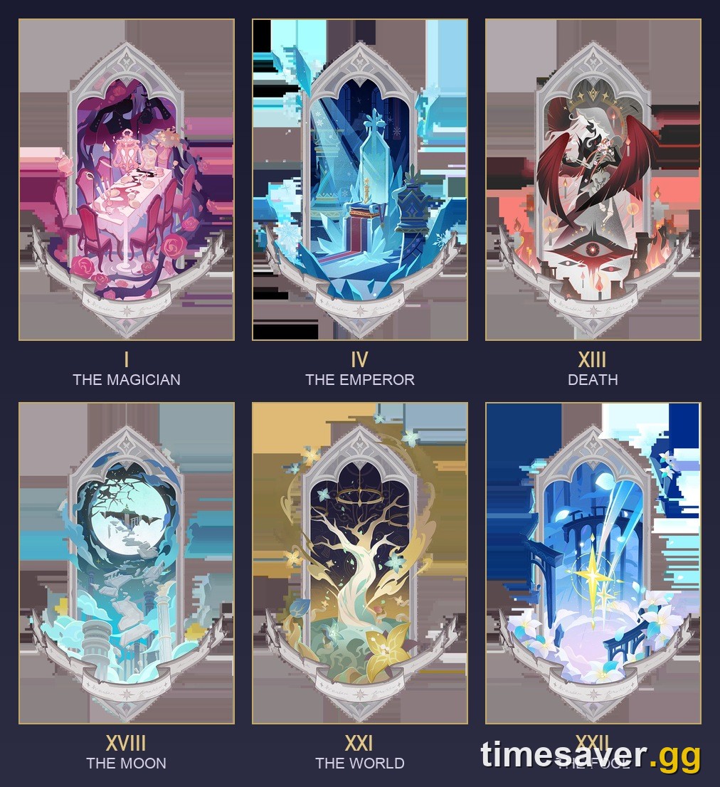 Six real Lunar Arcanum cards including The Magician, The Emperor, Death, The Moon, The World and The Fool