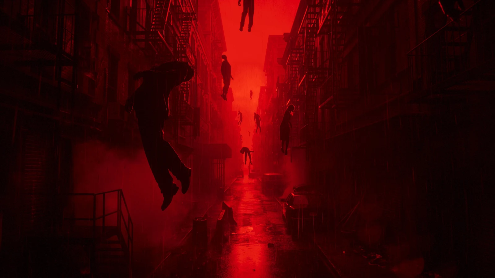 Floating Figures in Red Alley - Digital Art 4K Wallpaper (3840x2160)