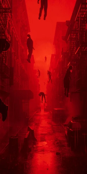 Floating Figures in Red Alley 4K Wallpaper Background