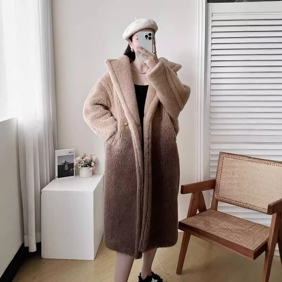 Women's Teddy Coat, mid-length, alpaca wool, gradient