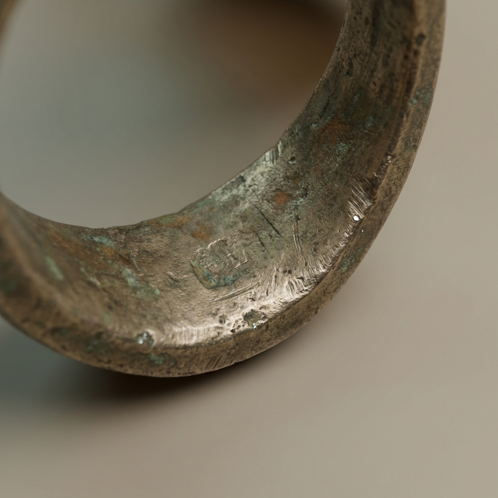 Macro close up of an ancient chinese ring bezel interior showing patina tool marks and a faint hallmark on aged bronze against a warm beige background