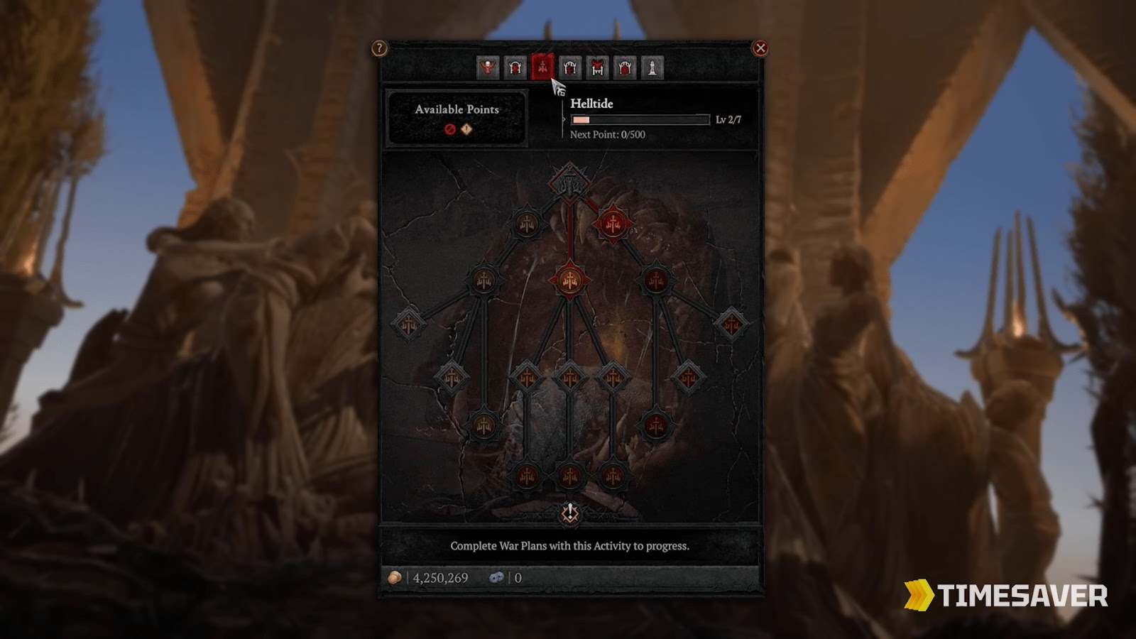 Diablo 4 Helltide activity upgrade tree inside War Plans, leveling from 1 to 7