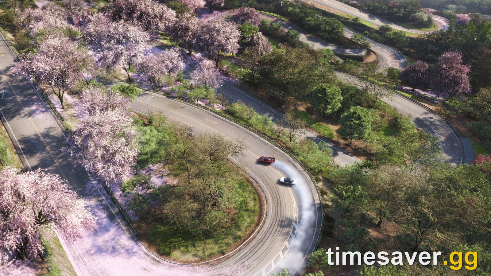 Cars drifting around a cherry-blossom-lined mountain touge hairpin in Forza Horizon 6