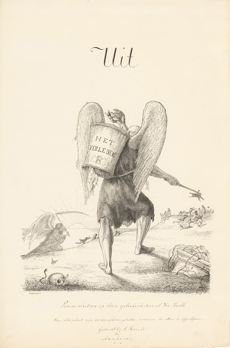 Vader Tijd pakt vluchtende mensen op en stopt ze in een mand 1864