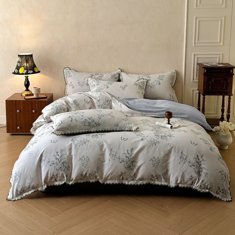 Cotton Bedding Set, brushed, Vintage style, with lace trim