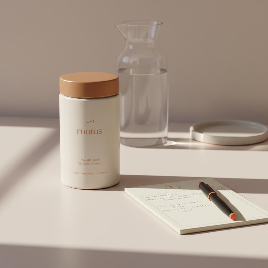 Why do so many people quit Ozempic? Tonum Motus bottle on a kitchen counter beside a short weekly food log notepad, natural light, minimalist brand styling.