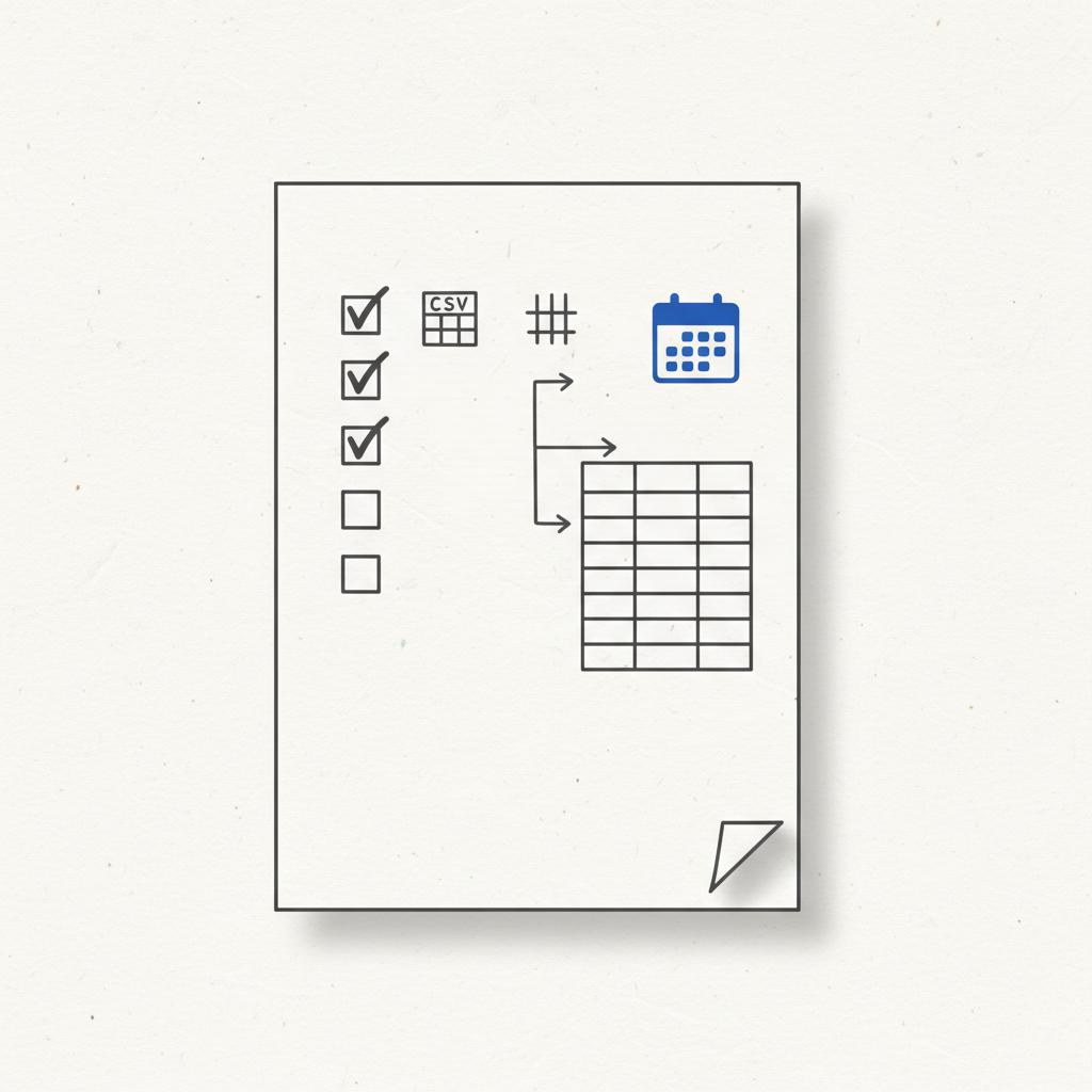 Vector close-up of a checklist-style page hinting at a Thumbtack report to the IRS: hand-drawn boxes, grid CSV icon, calculator/totals glyphs, calendar accent #1a5bfb, gray strokes #39383f.