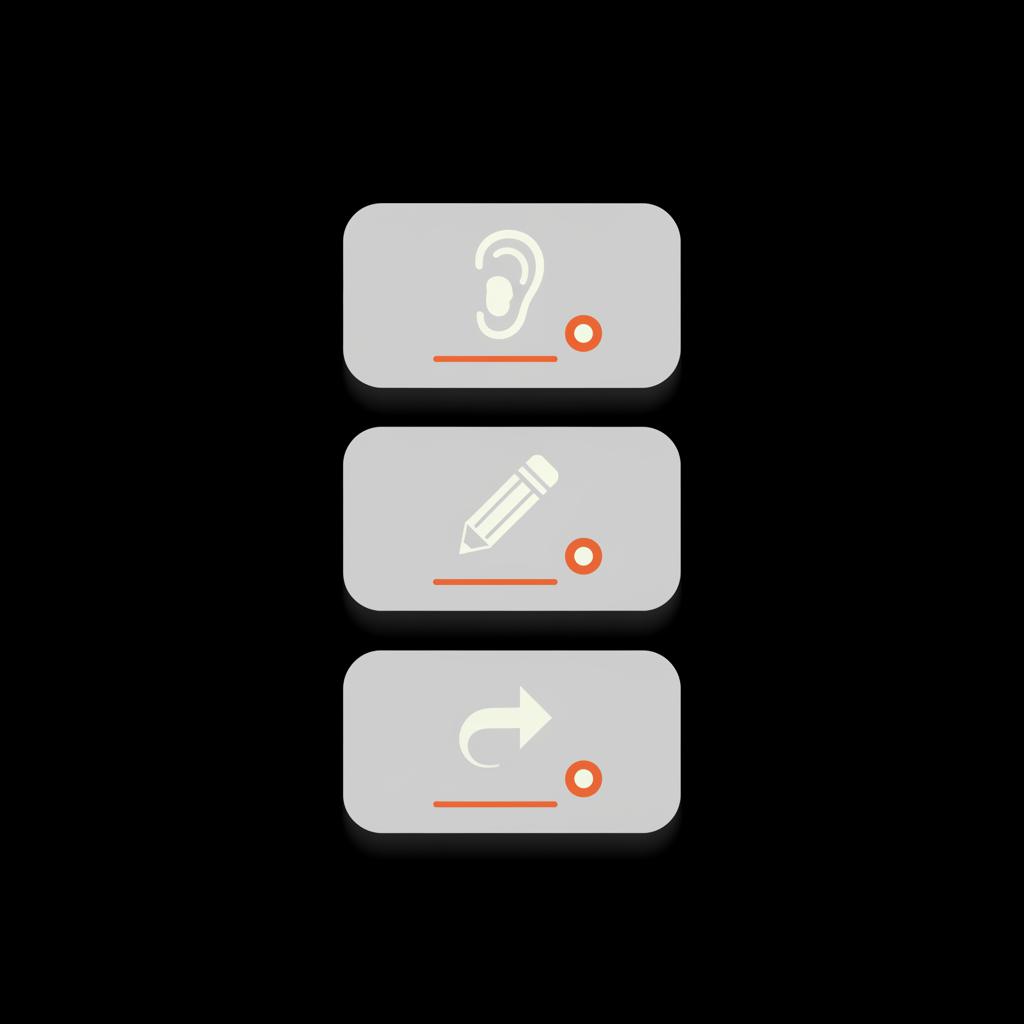 Minimal 2D vector process diagram of three stacked rounded boxes with ear, pencil, and reply icons on black background in Social Success Hub colors — Can I recover my old emails?