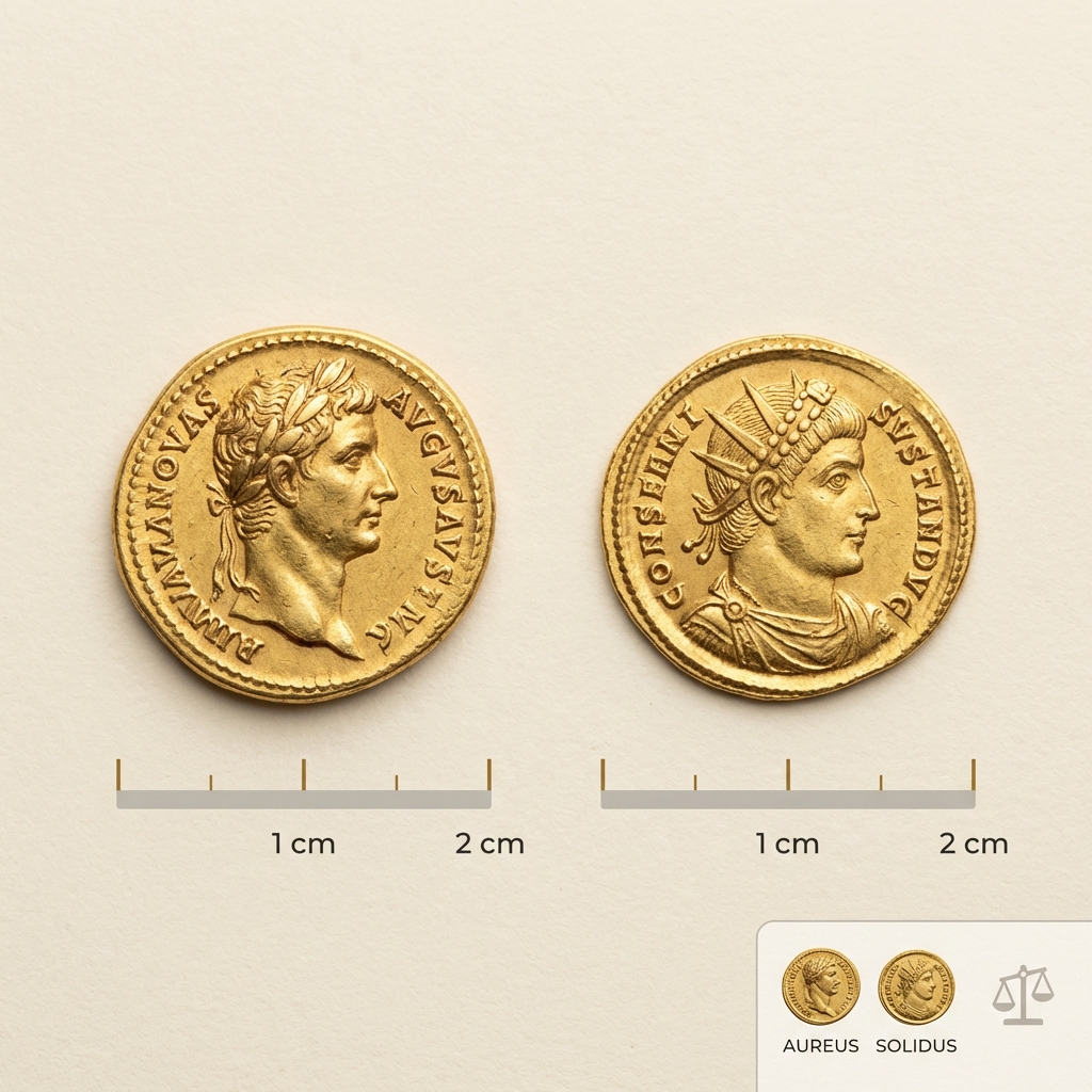 Top down comparison of aureus and solidus coins side by side with scale bars and a small legend close up gold ring roman