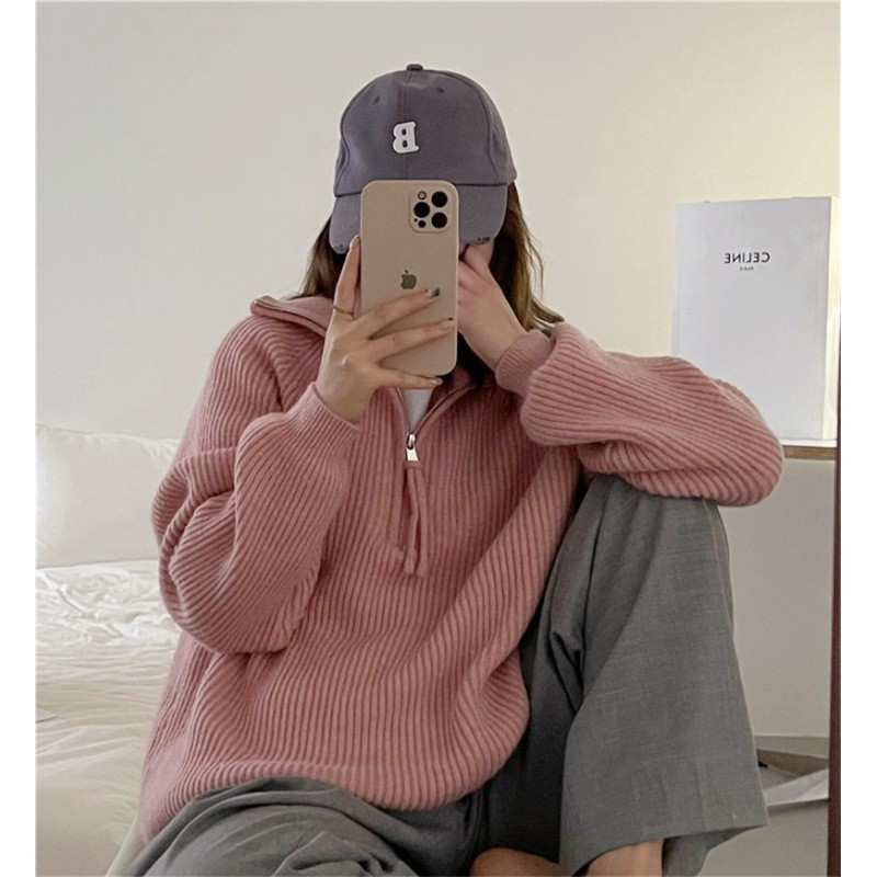 Ladies knit sweater with zipper, rib knit