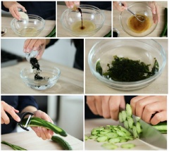 Trong chén trộn đều 4 muỗng canh dấm gạo, 2 muỗng canh đường cát, 1/2 muỗng cà phê muối và 1/2 muỗng cà phê nước tương vào. Ngâm rong biển khô trong bát nước khoảng 10 phút. Dưa leo rửa sạch, gọt vỏ, thái thành những miếng tròn đều nhau.