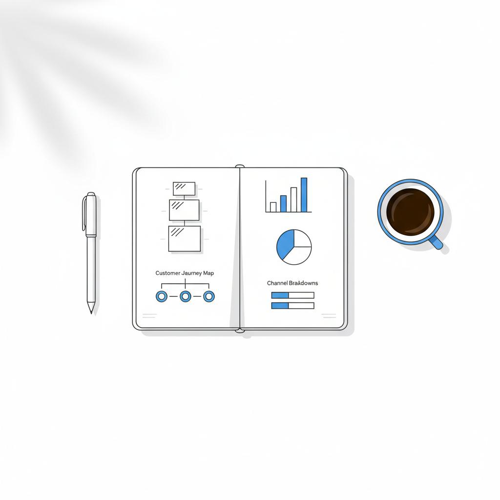 Overhead 2D vector of a notebook showing service-category pricing tiers and a simple bar chart, with pen and coffee cup, illustrating Angie's List advertising cost planning.