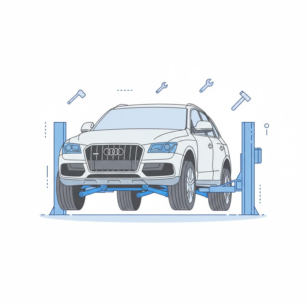 Minimalist 2D vector of an Audi Q5 on a lift showing undercarriage and suspension components highlighted in blue CarFax Deals brand colors audi q5 for sale