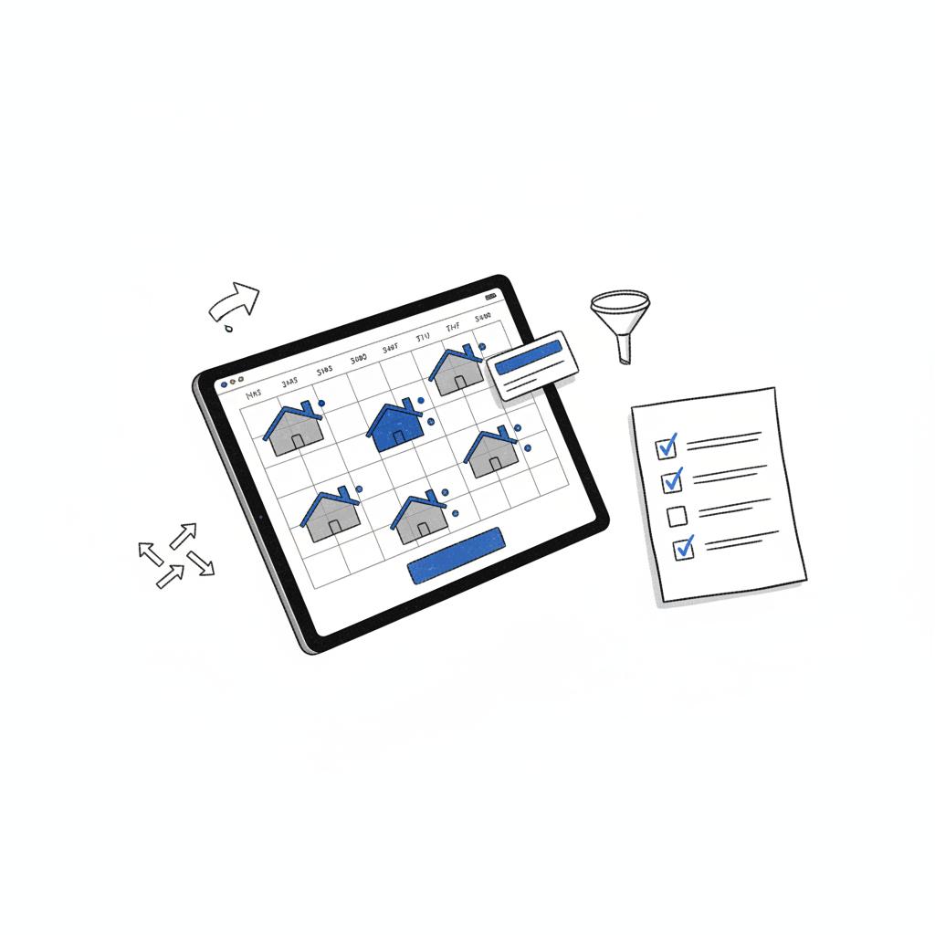 Minimal 2D vector desk scene with a tablet showing a roof-scheduling interface and a paper checklist, illustrating how can I use AI to grow my roofing company