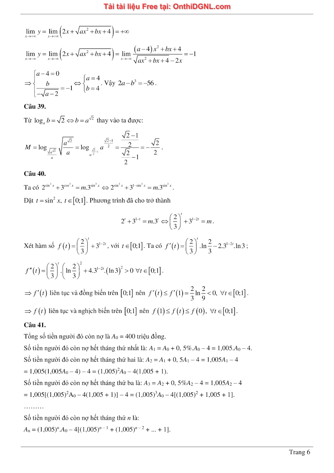 475 bài tập môn Toán - Ôn thi ĐGTD ĐH Bách Khoa Hà Nội Phần 4