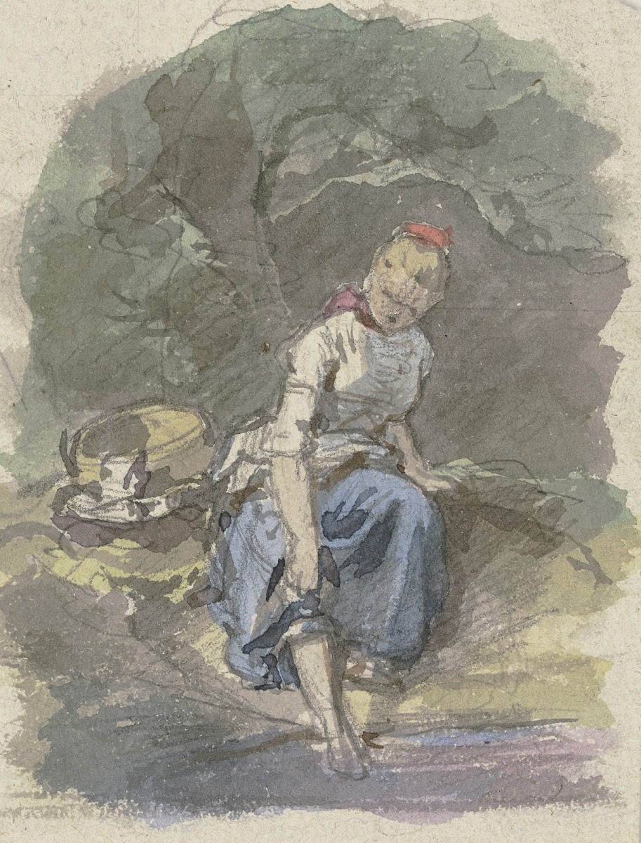 Bauernmädchen im Wald sitzend