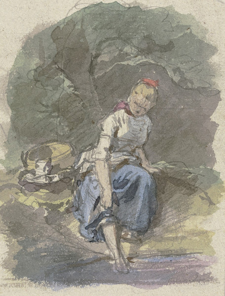 Bauernmädchen im Wald sitzend
