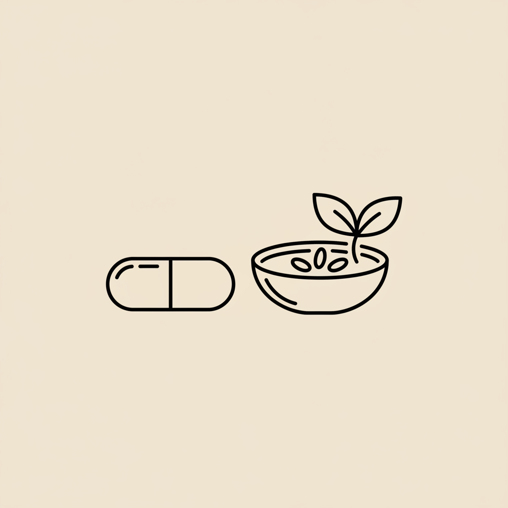 Minimalist Tonum-style line illustration of a capsule, oat bowl and leaf on beige background representing the best natural remedy for losing weight.