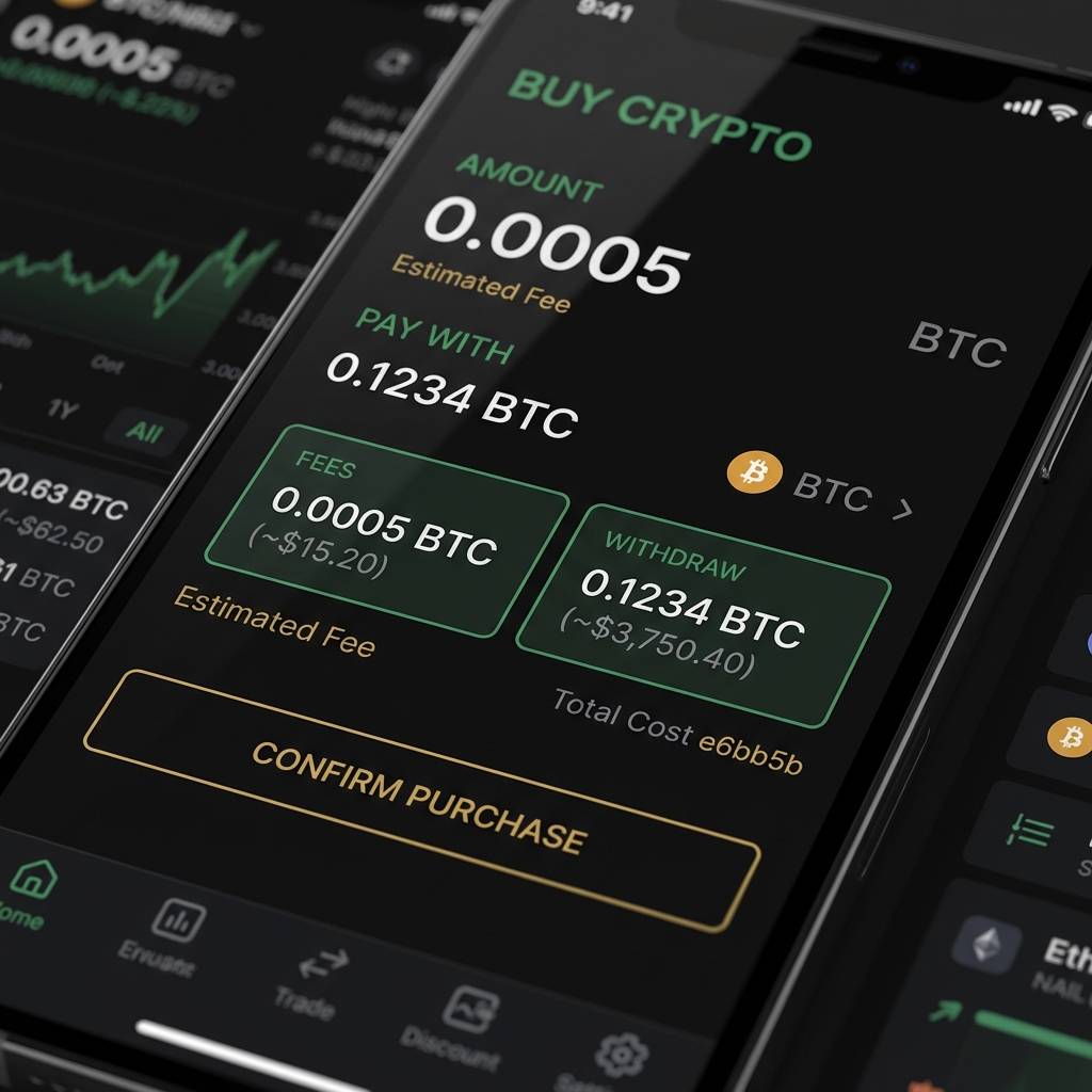 Close up full frame view of a crypto trading app buy screen with fees and withdraw fields in sharp focus highlighted in green 4aa568 on dark background 0f0f0f