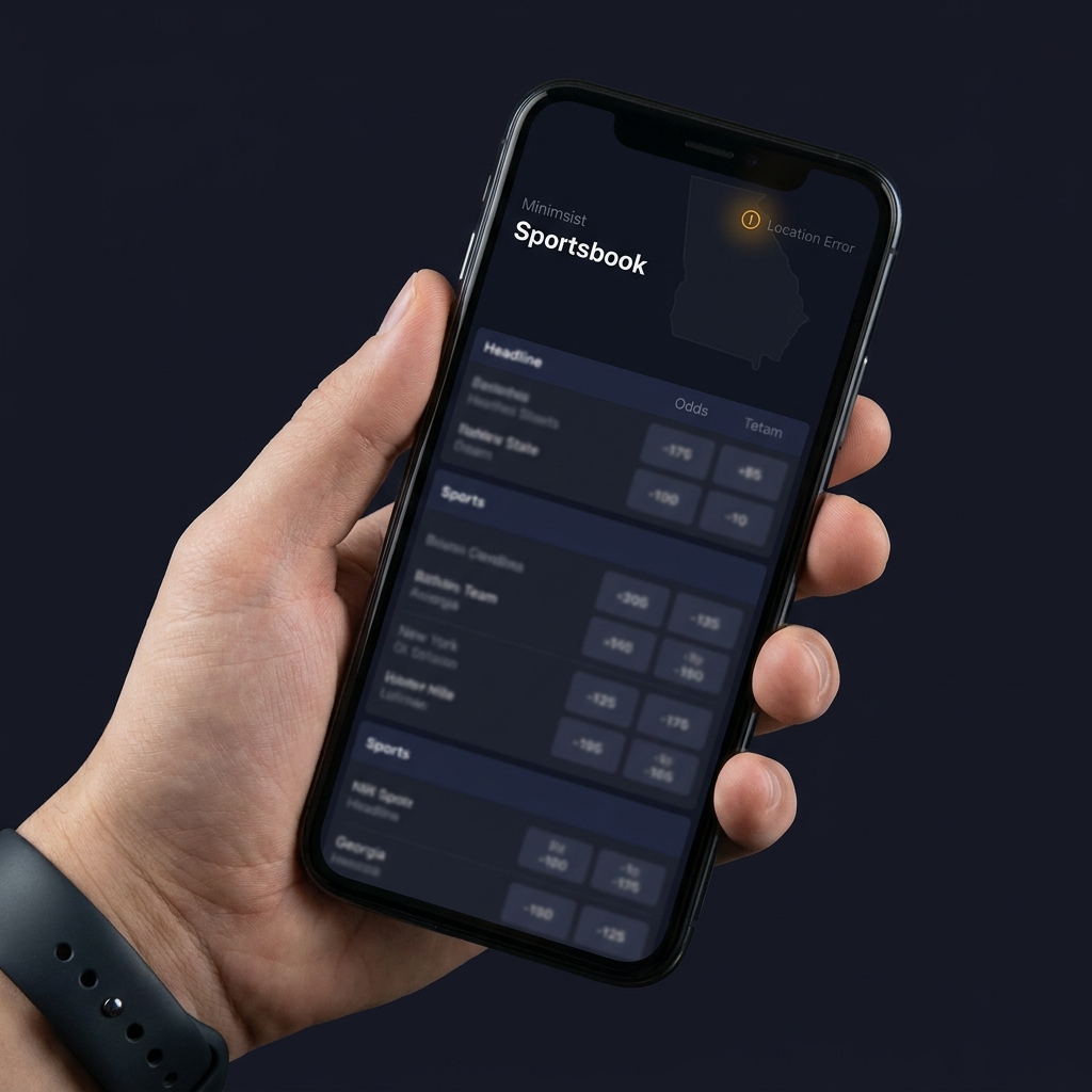 Smartphone showing sportsbook app with a location error indicator and a faint Georgia state outline in the background styled in Funded Plays dark palette for georgia betting apps